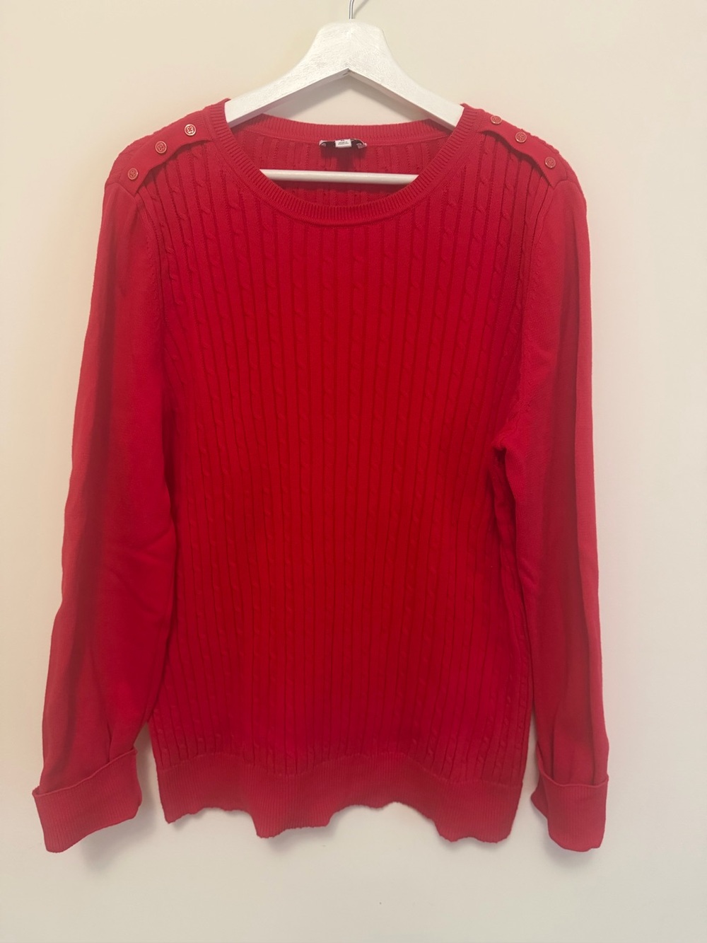 Kim Rogers Red Cable-Knit Crewneck Sweater with Shoulder Buttons